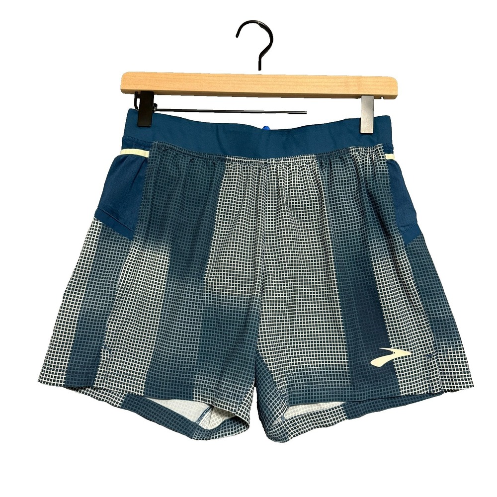 Brooks Running Shorts Men XS Matrix Blue Grid Mesh Liner Gorpcore Y2K Futuristic